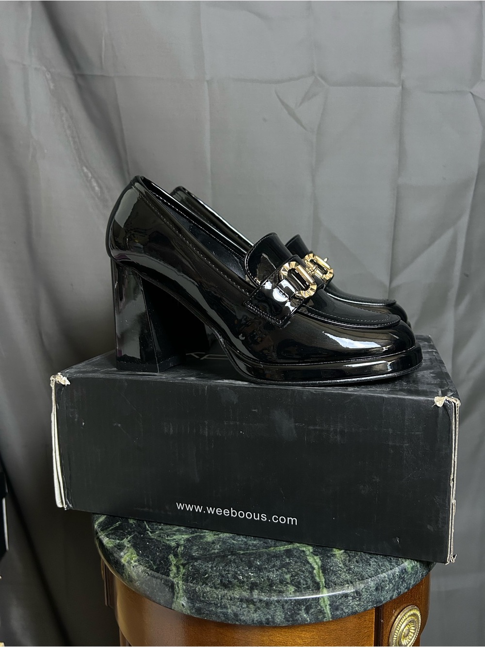 Patent Black Block Heel Loafers with Gold Accent